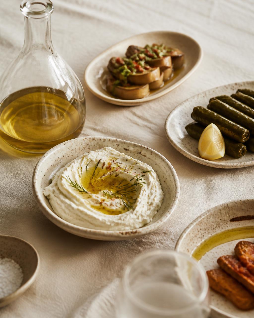 Mediterrane Meze-Teller mit Olivenöl auf hellem Leinen